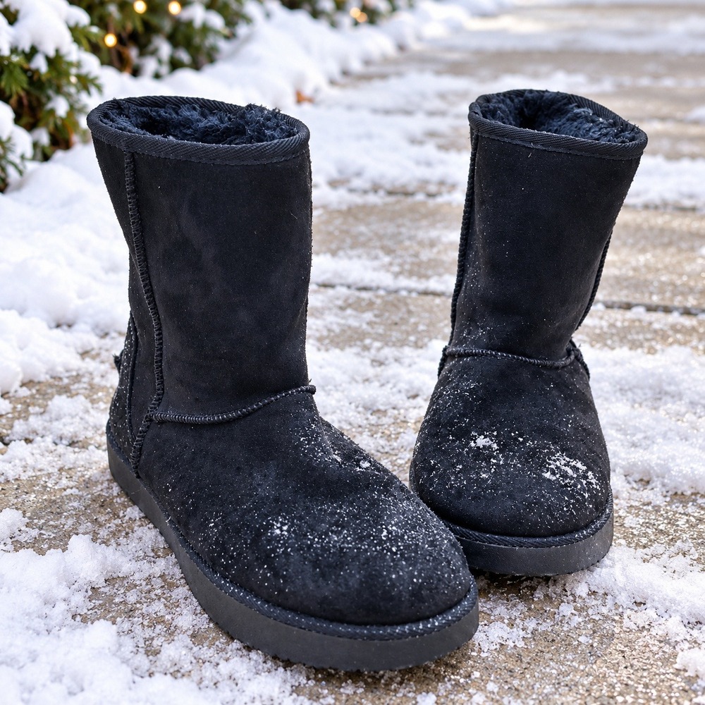 Womens Sz 8 Black Winter Boots Faux Fur Lined Cozy Cold Weather Mid Calf Boots